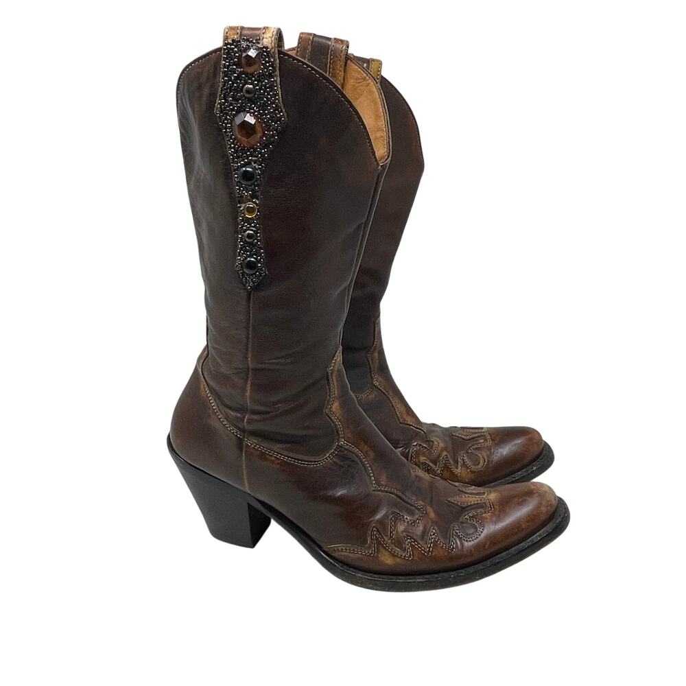 Fauzian Jeunesse vintage worn western cowboy mid calf gem stone embelished boots